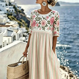 Elodie™ | Vintage Rose Stripe Midi Dress