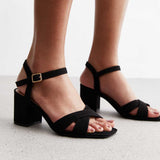 Wide Fit Black Suedette 2 Part Block Heel Sandals | New Look